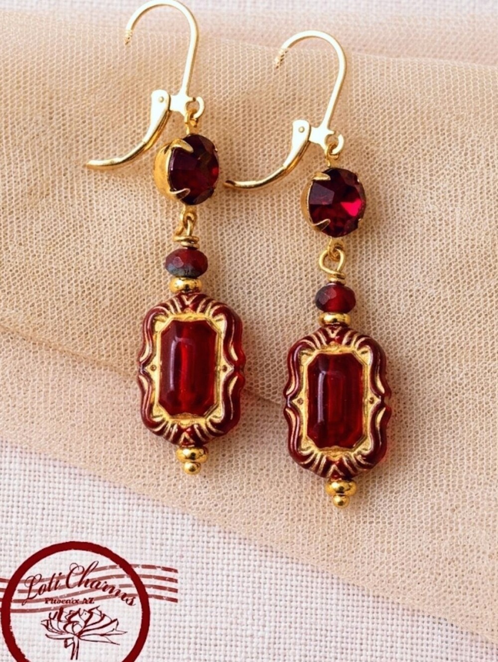 Victorian Red Ornate & Swarovski Ruby Crystal In Gold Plated Earrings